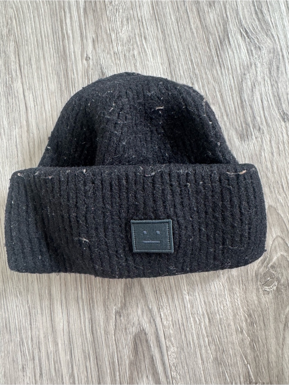 Acne Black Ribbed Knit Beanie with Minimal Face Patch